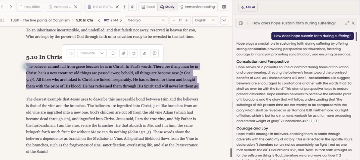 A highlighted passage with the selection menu and a cited answer beside it